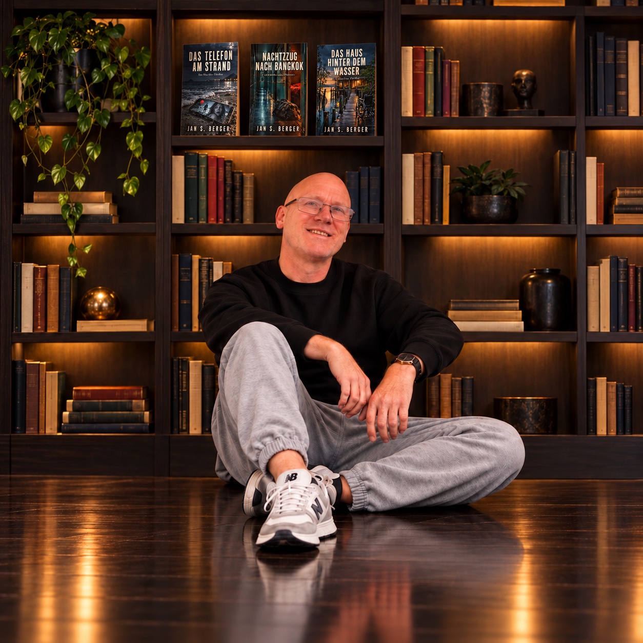 Jan S. Berger vor einem Bücherregal mit den drei Bänden seiner Hua-Hin-Trilogie